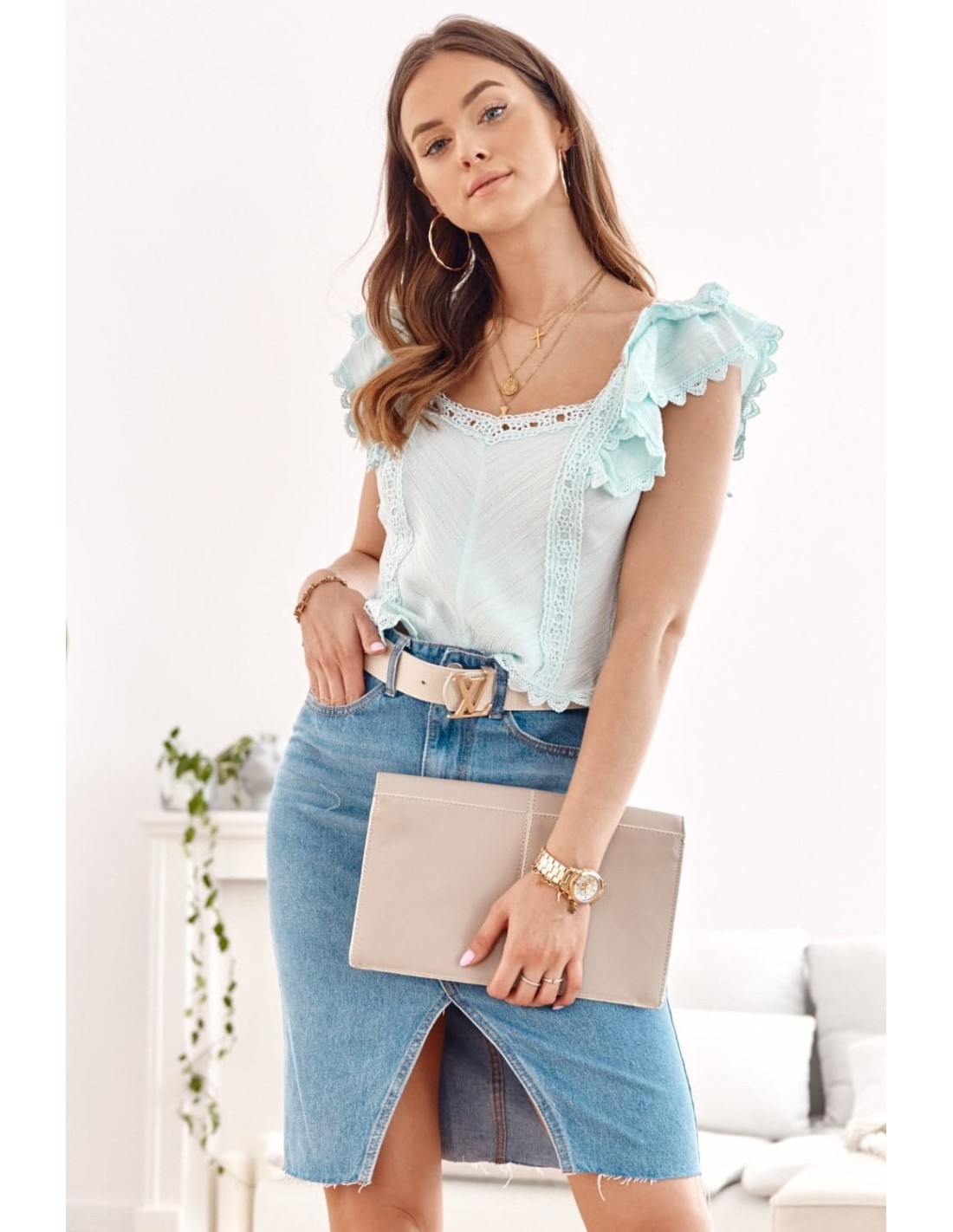 Short blouse with ruffles and guipure, light blue 517 - Online store - Boutique